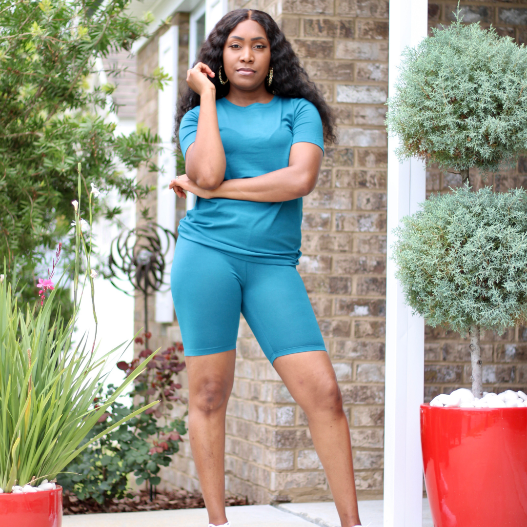 Cotton Crew Neck Biker Short Set (Multiple Colors)