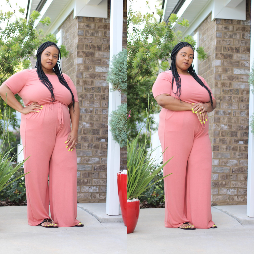 Short Sleeve Elastic Waist Jumpsuit - Ash Rose (Curves/Plus)