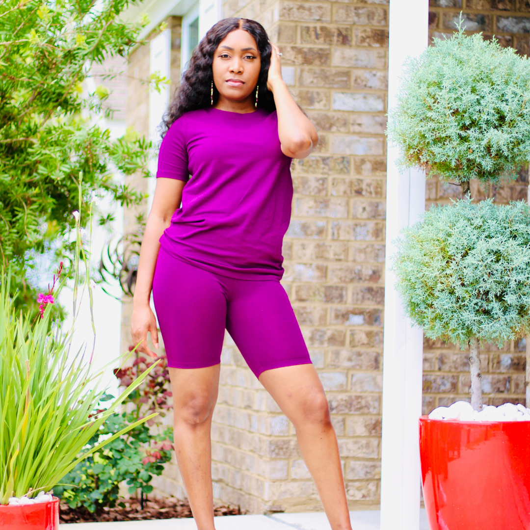Cotton Crew Neck Biker Short Set (Multiple Colors)