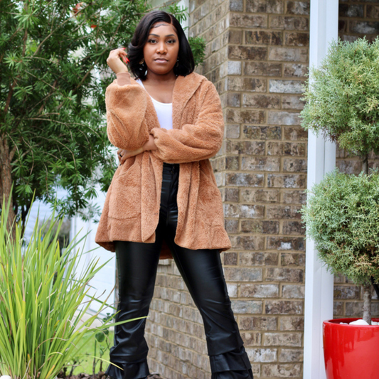 Faux Fur Hooded Jacket with Pockets - Deep Camel